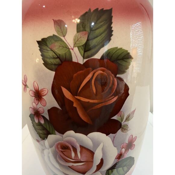 Vtg LARGE Hand Painted Red White Rose Floral Botanical Vase 13” H 7 5/8” D - Picture 2 of 8